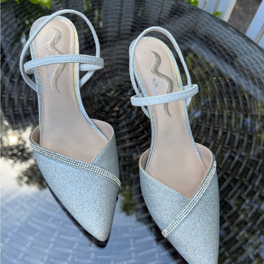 Nina Silver Silver Pointed Toe Slingback Heels with Rhinestone Trim  - 8 1/2
